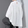 Eam Women Back Long Drawstring Big Size Blouse New Satnd Collar Long Stree Roose Fit Shirt Fashion Spring auturn LJ200812