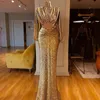 Sparkly Golden New Mermaid Prom Dresses Sexy Long Sleeve High Neck Sequined Formal Evening Dress Party Dresses