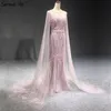 Serene Hill Dubai Pink Luxury Long Sleeves Evening Gown With Cape Mermaid Beadings Sexy Fromal Party Wear Gown CLA70160 201114