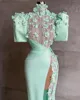 Menta verde pescoço de noite vestidos com manga 3d floral sexy slit sereia africano aso ebi recepção vestido de celebridade vestido desgaste