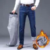 2020 Winter Working Jeans Men Black Color Slim Fit Stretch Thick Velvet Pants Warm Jeans Casual Fleece Trousers Male G0104