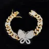 Iced Out Diamond Kvinnor Smycken Zircon Kaffebönor Kubansk Link Kedja Guld Silver Rosa Butterfly Armband