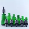 DHGATE 5ML 10NL 15ML 20ml 30ml 50ml 60ml 100ml緑色のガラス化粧品血清ボトル黒い子供用ドロッパー蓋