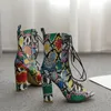 Botas Kcenid 2021 Mulheres Chunky Bootie Multi-Color Snake Imprimir Ankle Spring Shoes Peep Toe Lace-up Sexy Senhoras Sapatos1