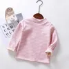 Children's Striped T-shirt Single Girl's Half High Collar Boys' Bottoming Shirt Plush Thickened Long Sleeve T-shirt High Collar Top