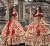 Vintage Red Gold Gothic Prom Dresses 2021 Off Ramię Średniowieczna Suknia Balowa Wiktoriańska Szorstka Gorset Renaissance Suknie Wieczorowe Plus Rozmiar