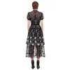 New arrive women lace dress round collor short sleeve female black flower midi dress T200113