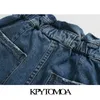 KPYTOMOA Women Vintage Stud Appliques Pockets Jeans Elastic Paperbag Midjed Zipper Fly Female Denim Pants Ankle Trousers 201029