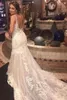 Luxury Lace Mermaid Bröllopsklänningar 2021 Jewel Neck Backless Sweep Train Country Garden Bride Dress Robes de Mariée Sirène