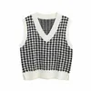 Kamizelka swetra jesienna Knitted Houndstooth V-Neck pullover moda mody ponadgabarytowy rękawów żeńska kamizelka