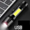 Mini lampe de poche LED COB torche rechargeable USB torches LED zoom lampes de poche puissantes et super lumineuses avec batterie intégrée câble USB