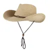 Gemvie Western Cowboy Sun Hat Lanyard para Homens Mulheres Ampla Brim Palha Chapéu de Praia Panama Pesca Pescador Tampão Chapéu de Verão Y200602