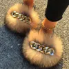 Fluffy Flip Flops Real Fox Raccoon Fur Slippers Designer Golden Chain ry Slides Plush Beach Women Summer Sandals 0227