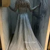 Lusso Dubai argento abito da sera musulmano manica lunga overskirt perline arabo abiti da festa formale per le donne da sposa abiti da ballo LJ201119