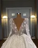 Luxury Dubai Shiny Beaded Wedding Dresses Full Sleeves 3D Flower Wedding Dress Crystal Sequined Bridal Gowns 2020