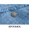 KPYTOMOA Women 2020 Fashion Office Wear Double Breasted Tweed Blazer Coat Vintage Long Sleeve Frayed Female Outerwear Chic Topps LJ200907