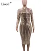 Zwart en Goud Pailletten Jurk Mesh Bodycon Midi Sexy Club Outfits 2020 Lange Mouwen See Through Strakke Jurken Vrouw party Night LJ200818