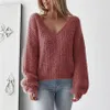 Autumn and Winter New Fashion Solid Color Women's Deep V-Neck Open Back Lace Pullover Tröja 210203