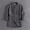 Japonais Harajuku 100% lin Vintage col montant à rayures verticales trois quarts manches chemise boutonnée pour hommes grande taille C1212
