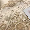Champagne de luxo azul seda egípcio algodão ouro bordado europeu palácio conjunto de cama de camas de edredão chapa de cama / linho fronhas 201128