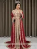 Robe de Soirée de Mariage Luxury Red Satin Muslim Evening Dresses Långärmade Vestidos formales Gold Broderi Party Prom Gown