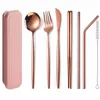 Conjunto de talheres portáteis Gold Rose Stainless Tableware Desenwares Dinnerware de viagem Ste Straw Piquenique ao ar livre com utensílios de caixa reutilizável y11197676776