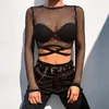 Women's T-Shirt Brand Summer Women Sexy Mesh Sheer T-shirts Long Sleeve Fish Net See Through Crop Tops Bandage Ladies Black