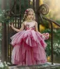 2021 Pink Flower Girl Dress Jewel Sleeveless Appliqued Tiered Tulle Girl Pageant Gown Bow Backless Custom Made Hot Sell Birthday Gowns Cheap