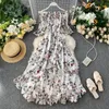 Summer Women Beach Dress Floral-Printed Off-Shoulder Slim Irregular Flounced Long Dress Ladies Casual Holiday Flower Dress T200526