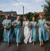 Blue Ice Knöchellanges Chiffon-Brautjungfernkleid in Übergröße in A-Linie, langes Brautjungfernkleid mit kurzen Ärmeln, Partykleid, Hochzeitsgastkleid, Roben