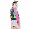 LORDXX Giacca arcobaleno colorato Donna New Fashion stampa manica gialla Giacca da strada corta in pelle con cerniera Cappotto da motociclista 201210