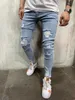 Homens jeans casuais hiphop calças jeans joelhos buracos rasgados angustiados branqueados riscados moda boa qualidade