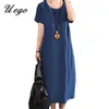 2019 Recién llegado Vestido de verano de lino de algodón Color sólido Suelto para mujer Vestido casual Tallas grandes Mujer Midi Vestido Mujer vestidos T190608