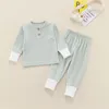 Kids Pyjama Sets Geribbelde Kleding Past Solid Long Sleeve Top + Broek 2 stks / set Kinderen Jongens en Meisjes Zachte Katoenen Home Outfits M4041