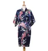 Woman Loose Style Pajamas Home Sleep Wear Lace Up Peacock Print V-neck Night Gown Japanese Kimono Yukata Bathing Robe1