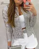 Women's Jackets Long Sleeve Open Front Sequin Coat Women Casual Female Jacket Pearls Buttons O-Neck Out Wear Ladies 510