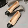 Fashion-Ballet Flats Shoes Women Basic Leather Tweed Cloth Two Color Splice Bow Round Ballet Shoe Fashion Flats Women Shoes