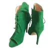 Handmade tamanho grande US5-US15 2022 senhoras saltos altos vestido sapatos peep-toe green kid camurça festa de noite baile criss shoelace moda bombas de quadra d746