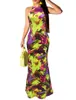 Dames Mouwloze Halter Hals Holle Uitstekende Floral Print Party Beach Avond Long Maxi Jurk