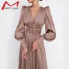 Single Breasted Sexy Dress Party Clud High Waist Satin Long Dress Elegant V Neck Women Midi Dresses Lantern Sleeve