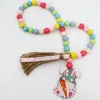 Pasen Wood Bead Garland met kwastjes en Bunny Tag Rustieke Boerderij Tiered Dienblad Decoraties Lente Gebed Boho Kralen