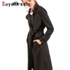 Trench di seta da donna SuyaDream 100% vera seta nera con cintura lunga trench da ufficio autunno inverno tagli cappotto esterno 201102