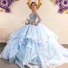 Shiny Light Sky Blue Long Sleeve Quinceanera Dresses Sweet 15 Princess Ball Gown 2022 Lace Sequined Beads Tiered Prom Pageant Party Dress Open Back Vestidos De 16 Años