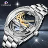 Forseining Silver Square Mężczyzna Przezroczyste Zegarki Mechaniczne Automatyczne Golden Gear Szkielet Ze Stali Nierdzewnej Band Man Reloj Hombre LJ201212