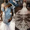 2021 schiere lange Ärmel Spitze Meerjungfrau Brautkleider Spitze Applikation Perlen Kristalle Hochzeit Brautkleider nach Maß