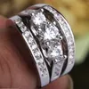 3 sztuk Nowy musujące Luksusowa biżuteria 925 Srebro Trzy Kamień Okrągły Cut White Topaz CZ Diamond Eternity Kobiety Pierścionek ślubny