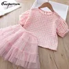 Gooporson Girls Ruffle Outfits Korean Children Clothes Summer Plaid Shirt&layered Mesh Skirt Cute Baby Girl Clothing Set G220310