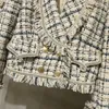 BLLOCUE Tweed Suit Set Winter Women Gold Double-breasted Short Jacket Coat + Tassel Mini Falda Traje de lana 2PCS Ropa Set 201027