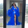 Mavi Illusion Ruffles Tül Uzun Kollu Kadın Kış Seksi Kimono Hamile Parti Pijama Kadın Bornoz Sheer Gecelik Robe Şal