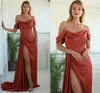 Abiti da damigella d'onore a sirena sexy con spalle scoperte in raso con spacco laterale alto abito da damigella d'onore lunghezza del pavimento plus size abito da festa di nozze robe de soiree